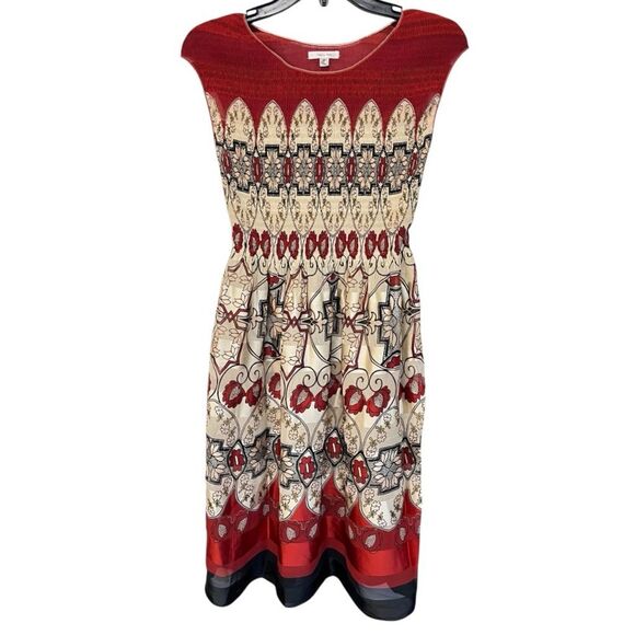 Sophie Max | Rust Cream Micropleat Smocked Bodice Cap Sleeve Midi Dress M - Picture 2 of 7